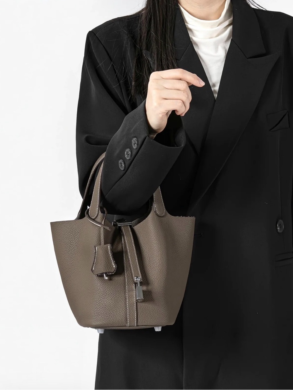 Taupe Pebbled Leather Shoulder Bag with Top Handles
